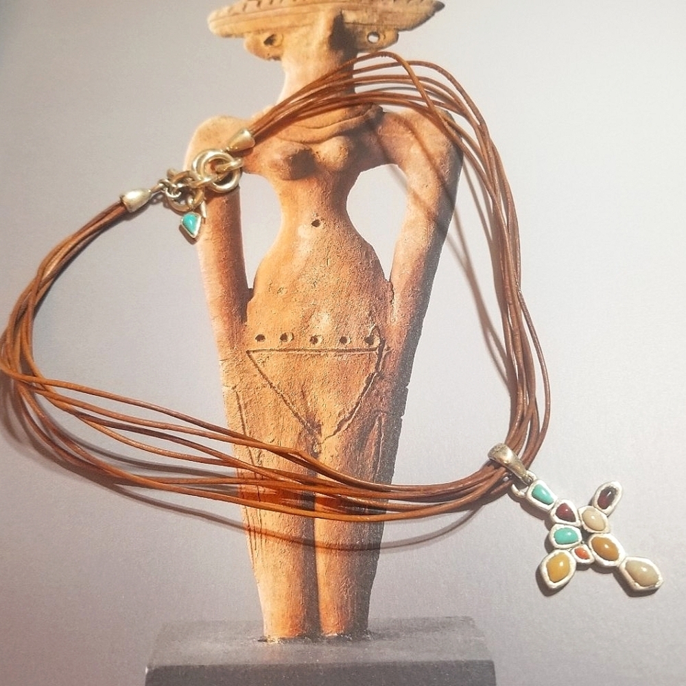 BARSE Retired Multi Gem Cross Necklace Sterling and Leather
